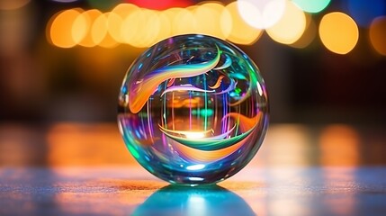 Blurry image of a shiny crystal ball with abstract blurry colorful pattern. Abstract lensball in blur