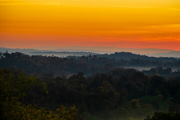 The stunning view from a tourist's standpoint as they go down a hill on a foggy trail with a hill and a background of a golden sky in Forest Park, Thailand. Rainforest. Bird's eye view. Aerial view.