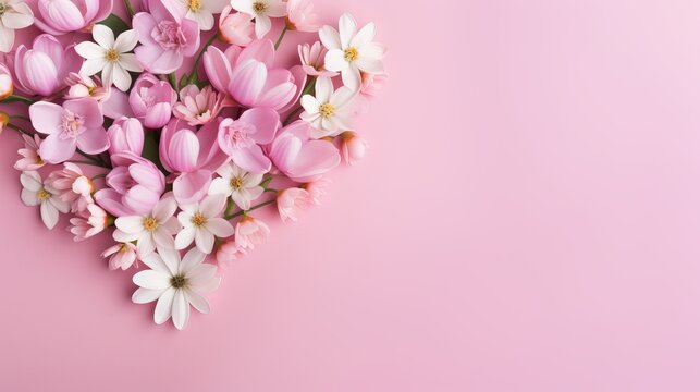 Bouquet of beautiful spring flowers and paper hearts on pastel pink table for Happy mothers day. Flat lay