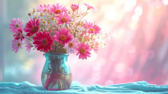 A beautiful bouquet of pink and white flowers in a blue vase on a blue table with a pink background