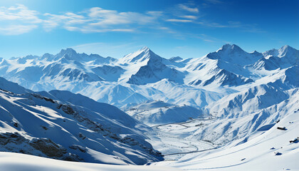 Obraz premium Winter mountain landscape blue sky, snowy peaks, tranquil and cold generated by AI