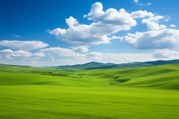 Fototapeta premium Green rolling hills under blue sky and white clouds