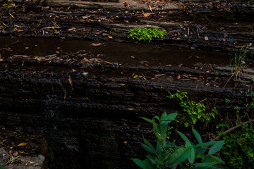 Divided by large cracks and layers, the cliff face is aged and rugged. Text on the subject of geology and mountain climbing with coarse, rough gray stone or rock texture of mountains in the background