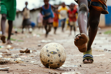African children playing soccer at street. Black boys having fun in poor village. Cropped image of...