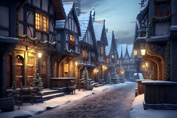 Fototapeta premium Beautiful snowy street decorated in Christmas theme