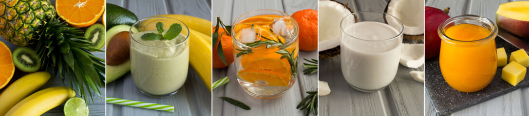 Collage of drink and food with tropical fruit on the gray wooden background. Close-up.