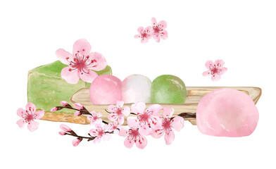 Hanami Festival. Traditional Japanese dessert and sakura flowers. Spring composition in watercolor style. Hand drawn illustration isolated © YustasArt