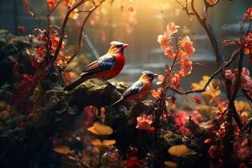 A group of beautiful and colorful birds sitting on a tree branch - obrazy, fototapety, plakaty