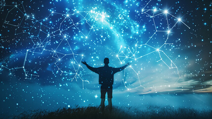 Stargazer’s Dream: Silhouette of a Person Arms Outstretched Under the Glowing Pisces Constellation in a Starry Night Sky, Cosmic Wonder and Astrology Concept in High Resolution