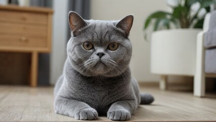 Blue exotic shorthair cat laying on the floor indoor