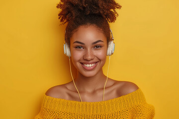 Optimistic Afro American woman listening music in headphones on yellow background with copy space. Sound inspiration and emotions