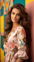 Portrait of a beautiful young woman with long brown hair wearing a floral dress smiling at the camera