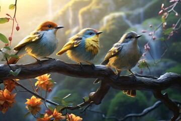 A group of beautiful and colorful birds sitting on a tree branch - obrazy, fototapety, plakaty