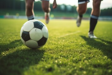 Fototapeta premium Two soccer players running after a soccer ball on a field with green grass during a game