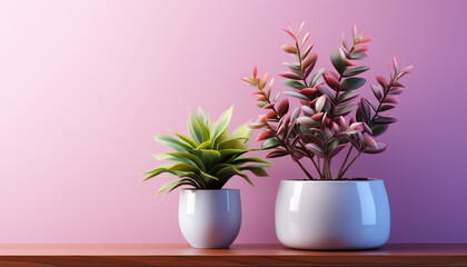 A fresh bouquet of pink and purple flowers decorates indoors generated by AI