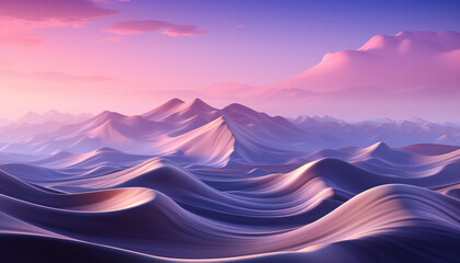Abstract landscape purple mountain range, sunset sky, water wave motion generated by AI - obrazy, fototapety, plakaty
