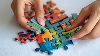 Close-up of a person's hands putting together a jigsaw puzzle