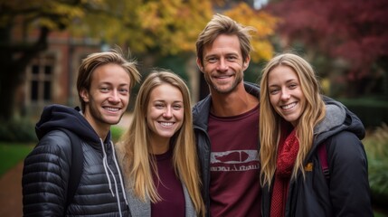 Happy family of four with two teenage children posing outside in the fall