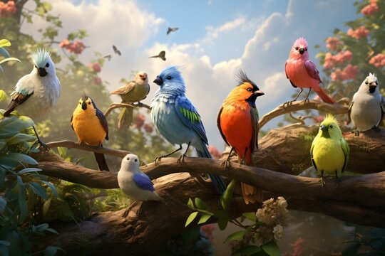 A group of beautiful and colorful birds sitting on a tree branch