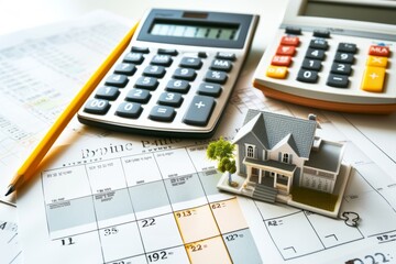 A house sits on a piece of paper with a calculator and pencil next to it.