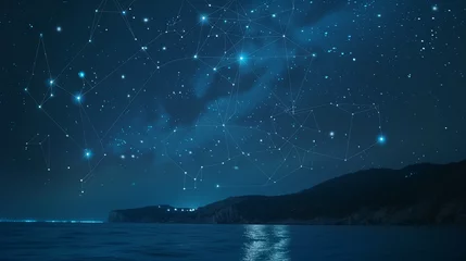 Deurstickers Starry Seaside Reverie: Dreamy Nightscape with the Pisces Constellation Glowing Over a Calm Ocean, Evoking Tranquility and Cosmic Wonder in High Resolution © AIRina