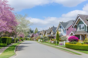Naklejka premium Colorful suburban street with blooming trees and flowers