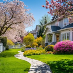 Colorful flowers and trees in a beautiful neighborhood