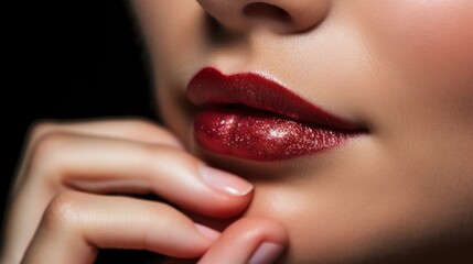 Naklejka premium Close up of woman's lips with red glitter lipstick