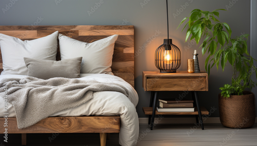 Sticker modern, comfortable bedroom with elegant wood design and cozy lighting generated by ai