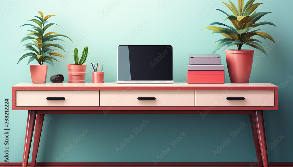 Wall mural modern office desk with computer, bookshelf, and plant decoration generated by ai