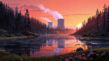 Fototapeta premium A nuclear power plant is seen in the background of a sunset over a lake and forest.