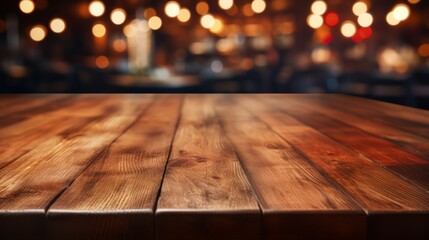 Empty wooden table with blurred background of restaurant - obrazy, fototapety, plakaty