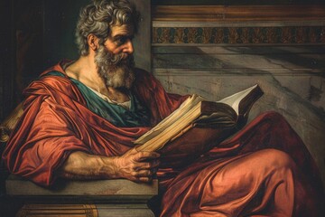 Aristotle: greek philosopher, polymath of classical period, ancient greece's profound thinker and influential figure in fields spanning philosophy, science, ethics, politics - obrazy, fototapety, plakaty