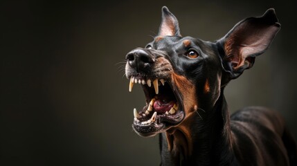 Portrait of a black and tan doberman dog with open mouth - obrazy, fototapety, plakaty