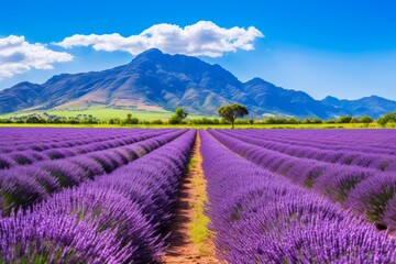 Obraz premium scenic view of a vast lavender field with a mountain in the distance