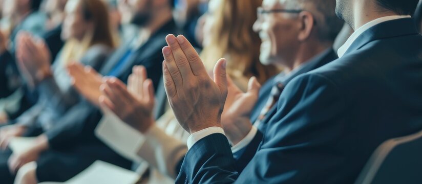Business professionals clapping hands in conference, audience applauding after successful seminar.