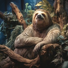 A sloth sits on a tree branch in the rainforest