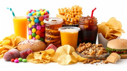 A variety of unhealthy food and drinks including soda, candy, chips, and burgers