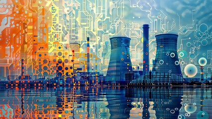A city skyline with a power plant on the water, reflected in the water. There are circuit boards and computer chips overlaying the image. The sky is an orange, blue, and purple gradient.