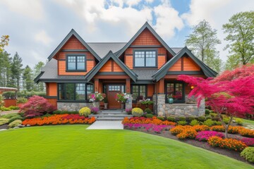 Colorful flowers and a beautiful house - obrazy, fototapety, plakaty