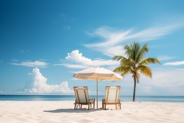 Two empty beach chairs sit under a palm tree umbrella on a white sand beach with the ocean in the background