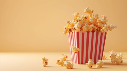 Scattered delicious popcorn from red striped box on pastel yellow background with copy space