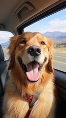Happy golden retriever dog looking out the car window