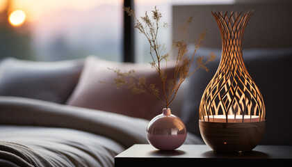 Comfortable, modern bedroom with elegant decor, illuminated by a lamp generated by AI