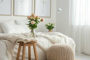 Flowers on wooden stool and pouf in white bedroom interior with posters above bed. Real photo