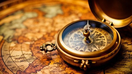 An illustration of a golden compass on top of an old world map