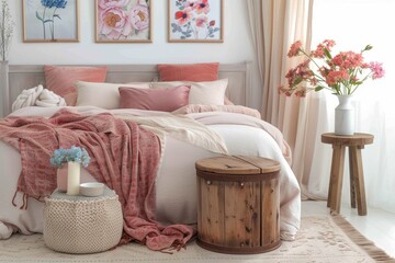 Flowers on wooden stool and pouf in white bedroom interior with posters above bed. Real photo
