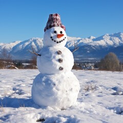 Obraz premium A snowman stands in a snowy field with mountains in the background