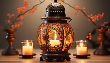 Fototapeta na wymiar Glowing candle illuminates old lantern, rustic decoration on table generated by AI