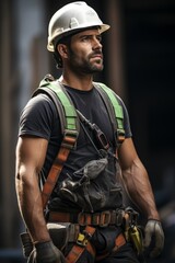 Fototapeta premium Construction worker wearing a hard hat and safety gear